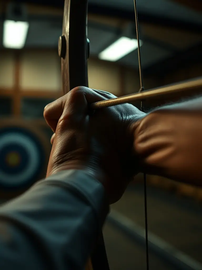 A close-up shot of an archer's hand drawing back a bowstring, focusing on the precision and technique involved in archery, set in a well-maintained indoor archery range.
