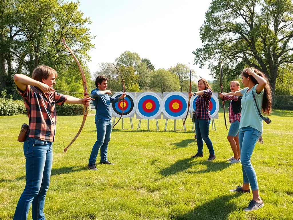 Participants enjoying a friendly archery competition, with targets set up in a scenic outdoor location.