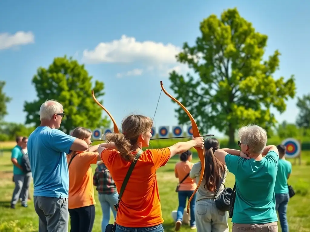A group of archers of varying ages and skill levels participating in a beginner's archery class outdoors, with instructors providing guidance and support.
