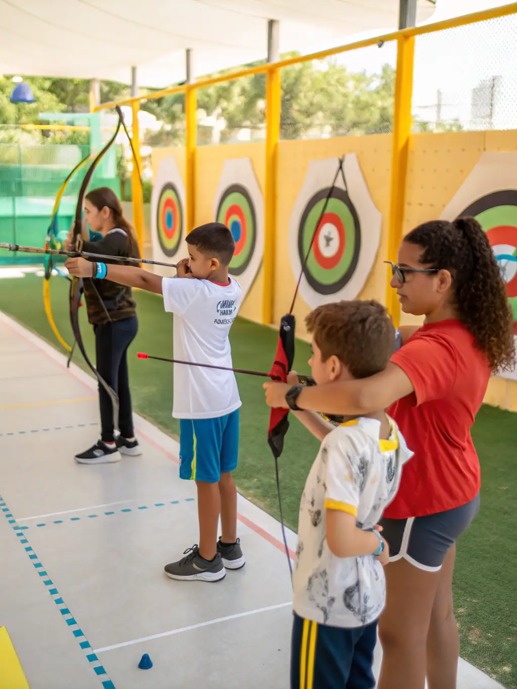 A group of young archers receiving instruction from a coach, highlighting the youth programs and educational aspects of Les Archers du Chateau, in a safe and supportive environment.