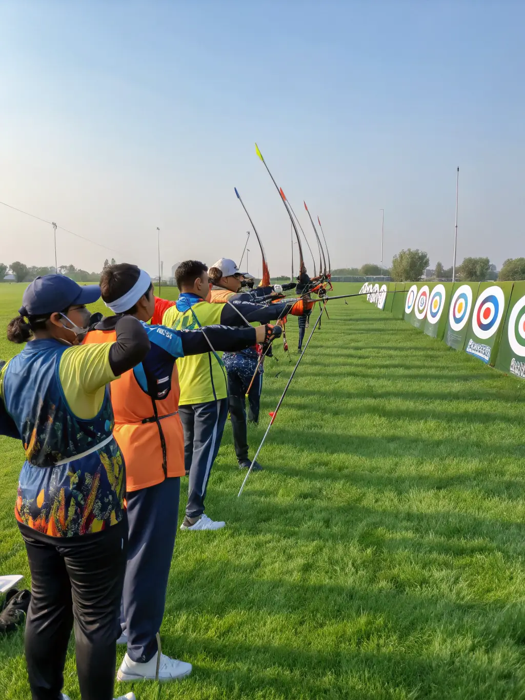 A dynamic image of archers participating in a friendly archery competition, showcasing the excitement and camaraderie of the event, held outdoors on a sunny day.