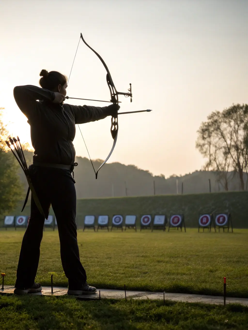 A close-up shot of an archer's hand expertly drawing back the bowstring, showcasing precision and focus, set against a blurred background of the archery range at LES ARCHERS DU CHATEAU.