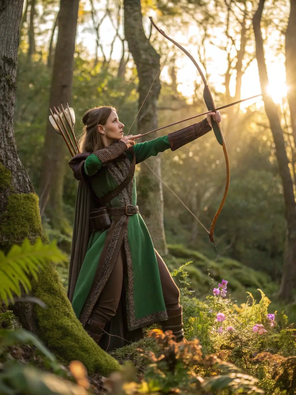 A serene image of an archer practicing in a natural outdoor setting, emphasizing the focus and connection with nature that archery provides, with a forest backdrop.