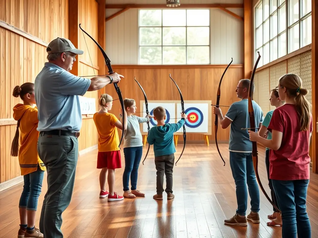 A vibrant image depicting a group of beginners learning the basics of archery at an introductory workshop, with a focus on proper stance and technique, set against the backdrop of the archery range.
