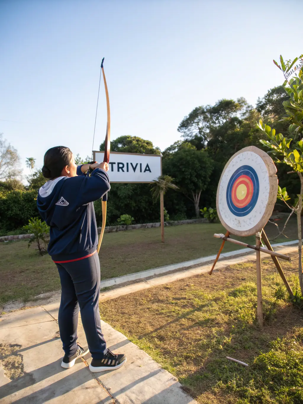 An archer standing proudly after hitting a bullseye, with the LES ARCHERS DU CHATEAU logo subtly visible in the background, symbolizing achievement and personal growth.