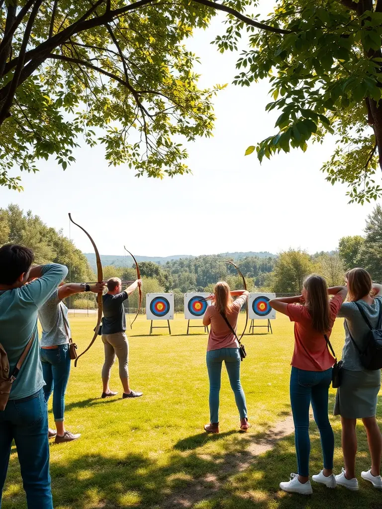 A group of archers participating in a friendly archery competition at LES ARCHERS DU CHATEAU, emphasizing the competitive program.