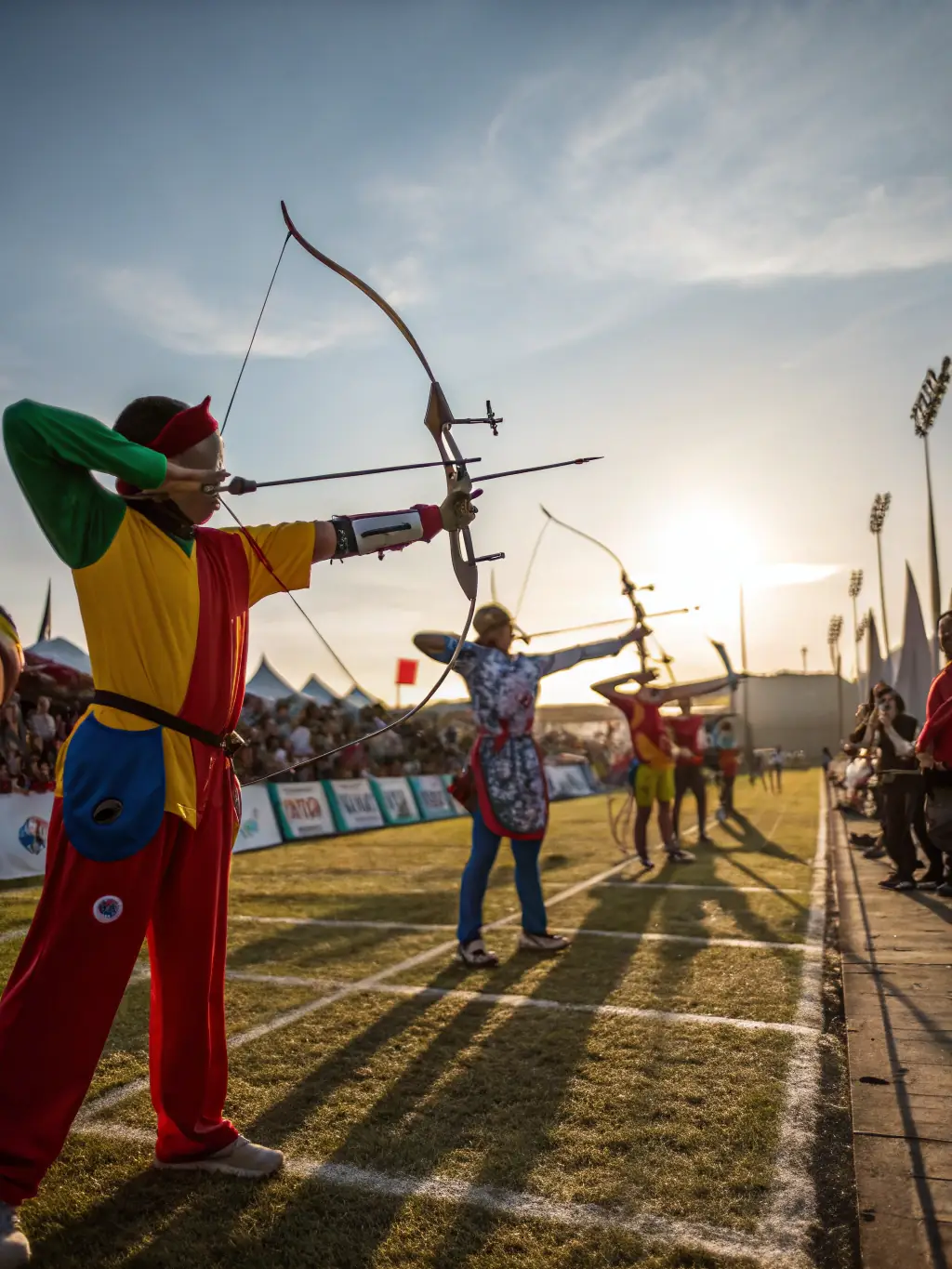 A scenic outdoor archery range with archers practicing at varying distances at LES ARCHERS DU CHATEAU, showcasing the outdoor archery program.
