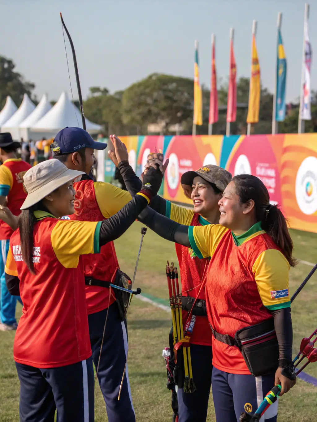 A group of archers of varying ages and skill levels laughing and interacting during a break at an archery event organized by LES ARCHERS DU CHATEAU, emphasizing the community aspect.